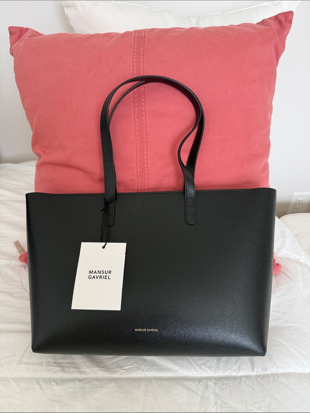 Mansur Gavriel Black Leather Tote Bag with red interior